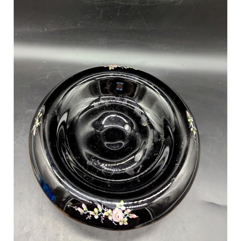 Vintage Fenton Black Hand Painted Floral Art Glass Console Centerpiece Bowl 9.5"